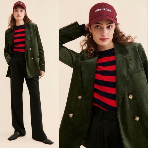 Anthropologie Maeve Corduroy Dark Green Double-Breasted Blazer (size 2) - Picture 4 of 8
